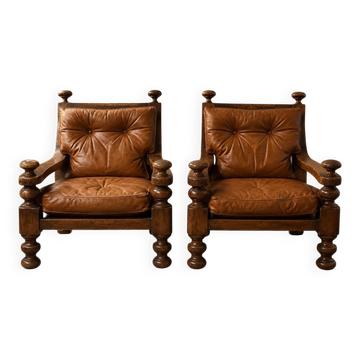 Paire Fauteuils brutalistes cuir / chêne scandinave Circa 1960