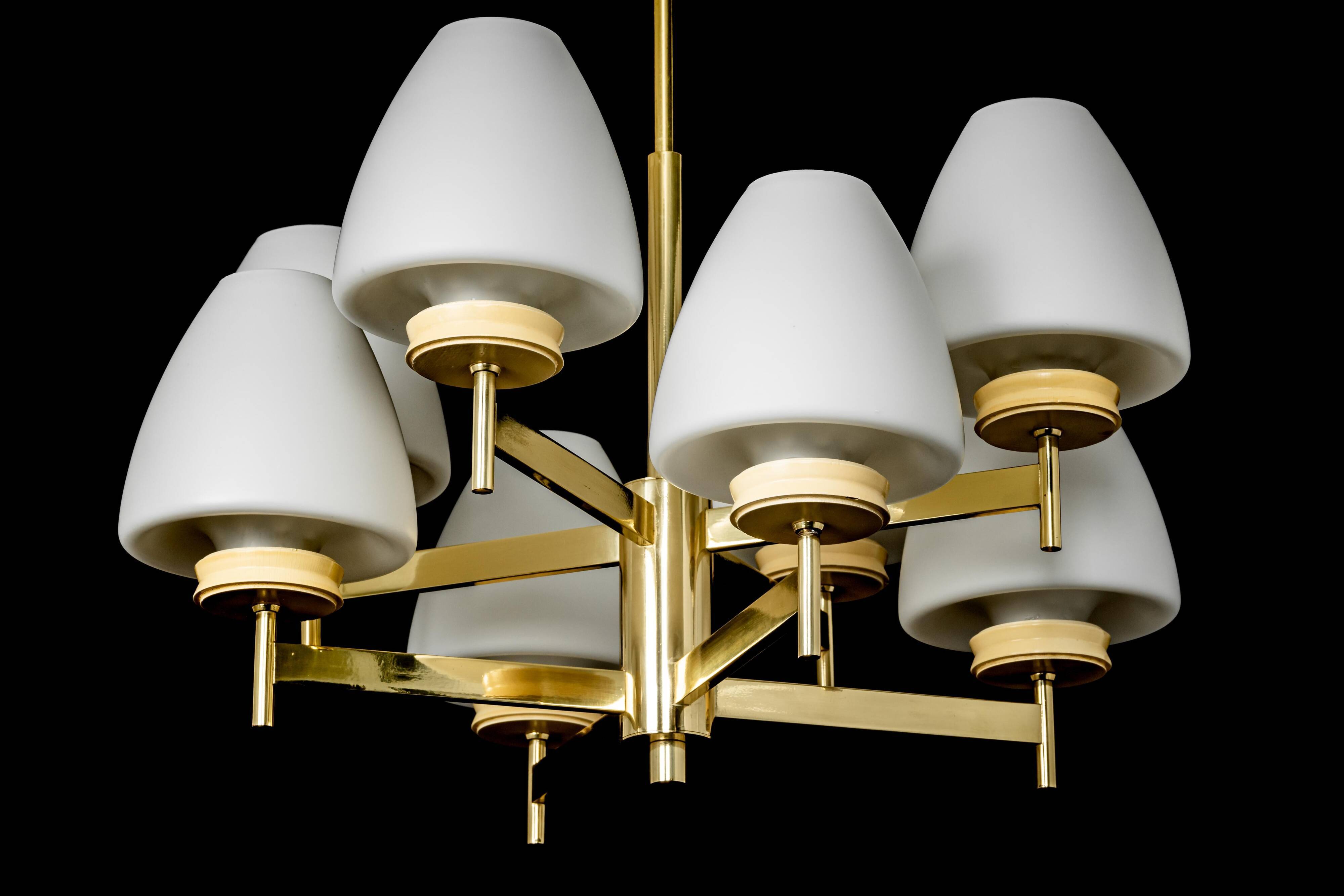 Sputnik chandelier with opaline glass by Kaiser, Germany, 1970s.