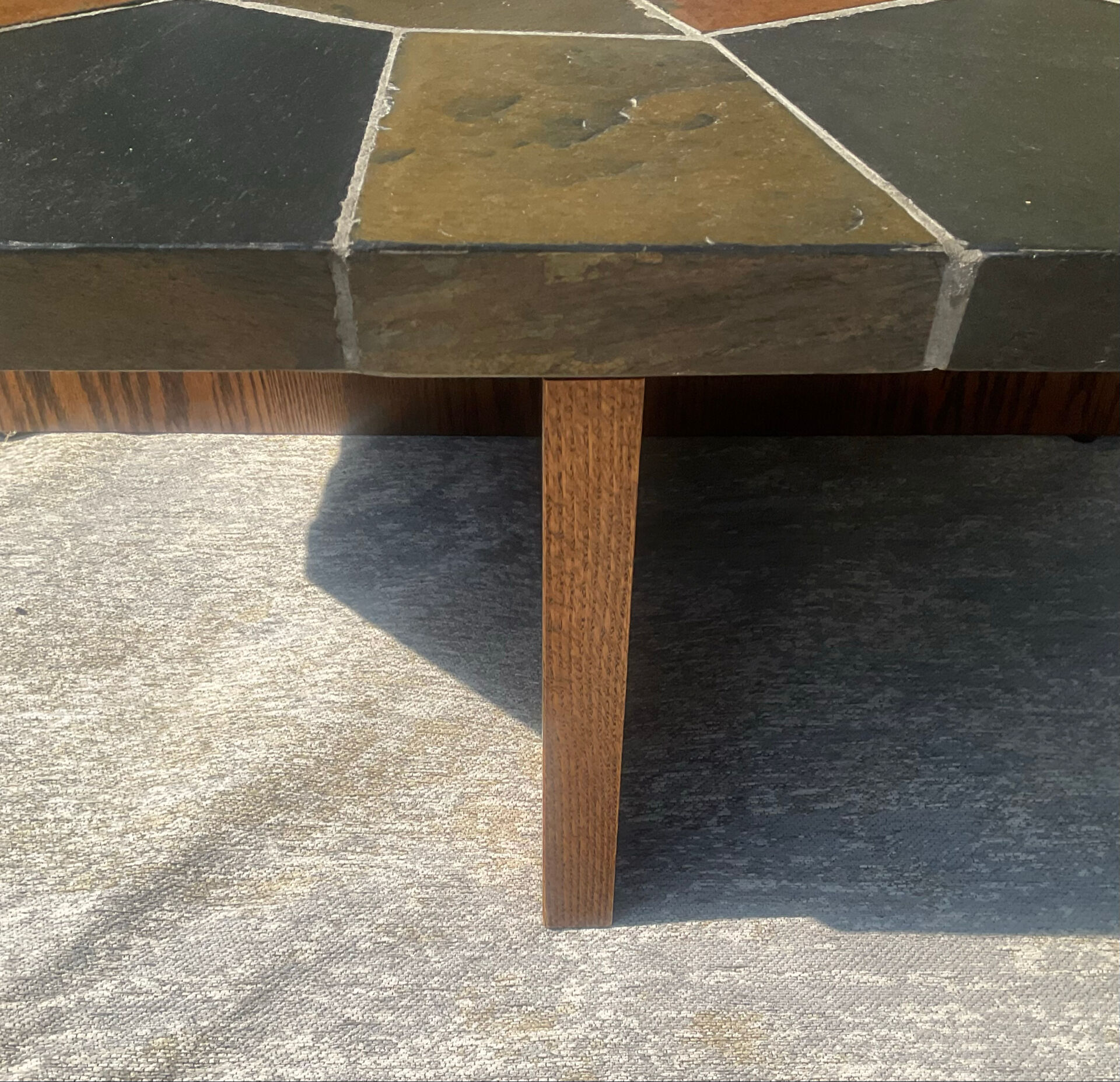 Brutalist octagonal coffee table from the 1970s in solid oak and slate.