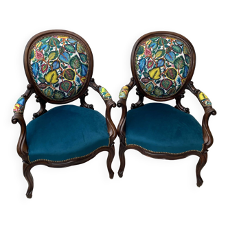 Pair of reupholstered convertible armchairs, 1930s-40s
