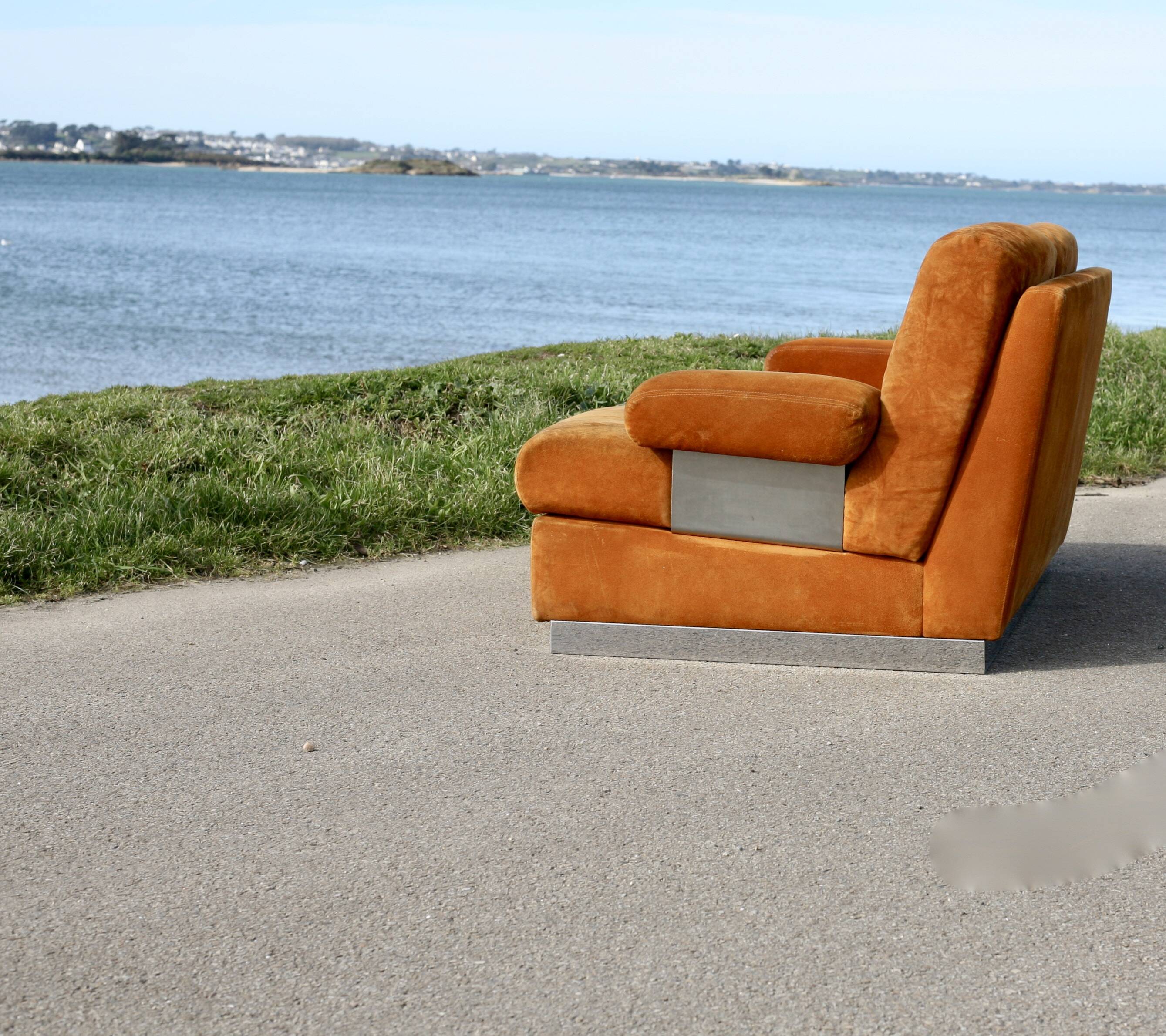Orange suede leather and steel sofa. Circa 1970