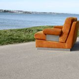 Canapé orange cuir suédé et acier. Circa 1970