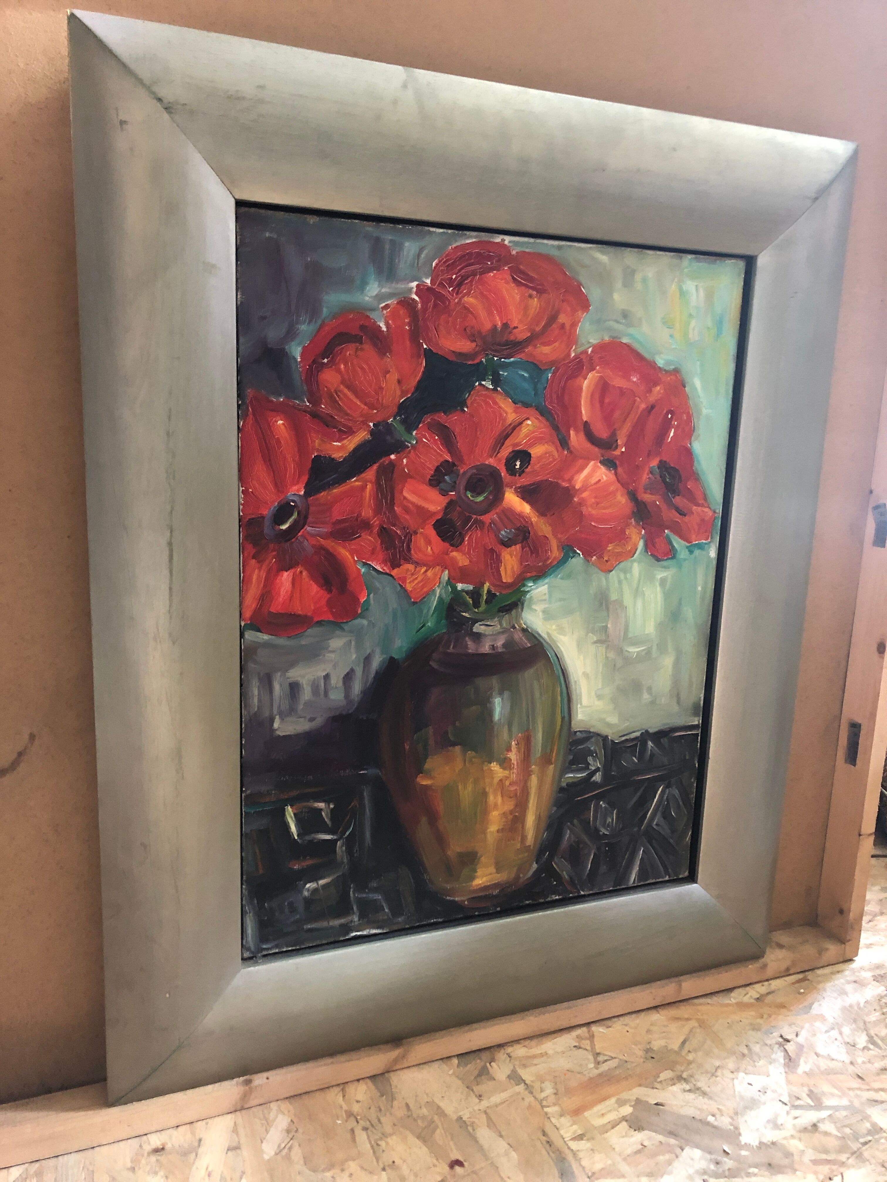 Old oil painting on canvas bouquet of flowers + vintage gray wood frame