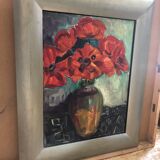 Ancien tableau huile sur toile bouquet de fleurs + cadre bois gris vintage