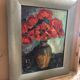 Old oil painting on canvas bouquet of flowers + vintage gray wood frame