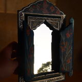 Old moroccan mirror painted wood blue folk art