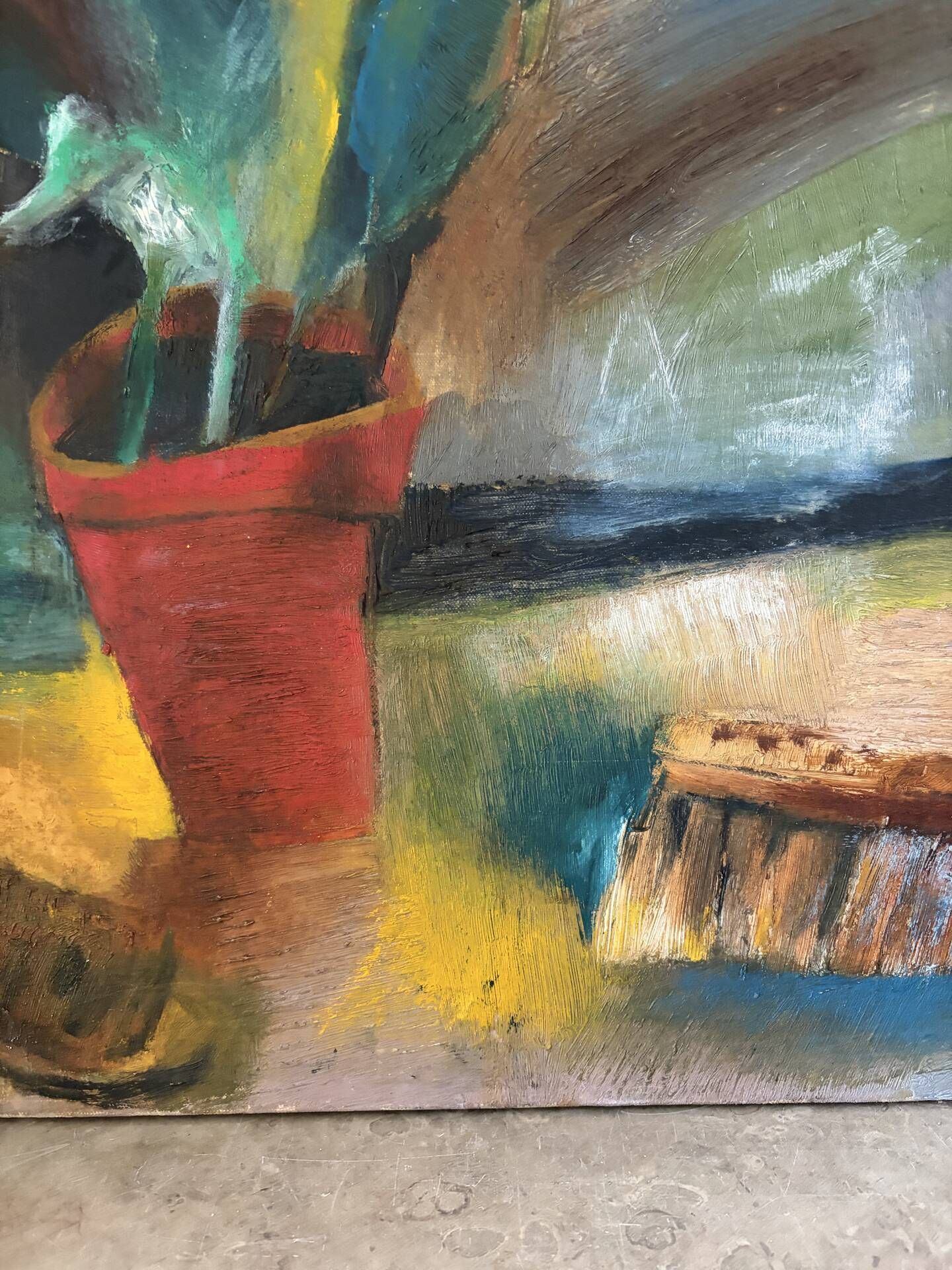 The repotting table, still life, oil on canvas.