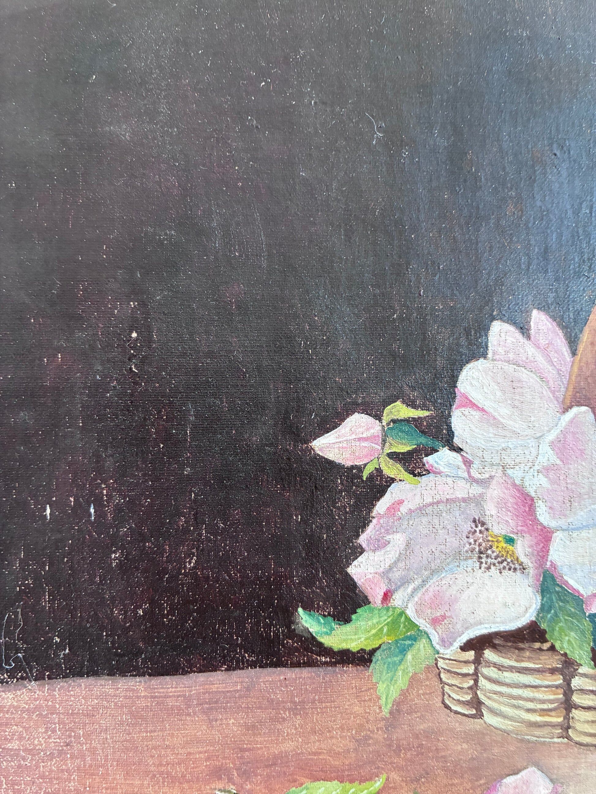 Vintage original flower oil painting, floral still life art