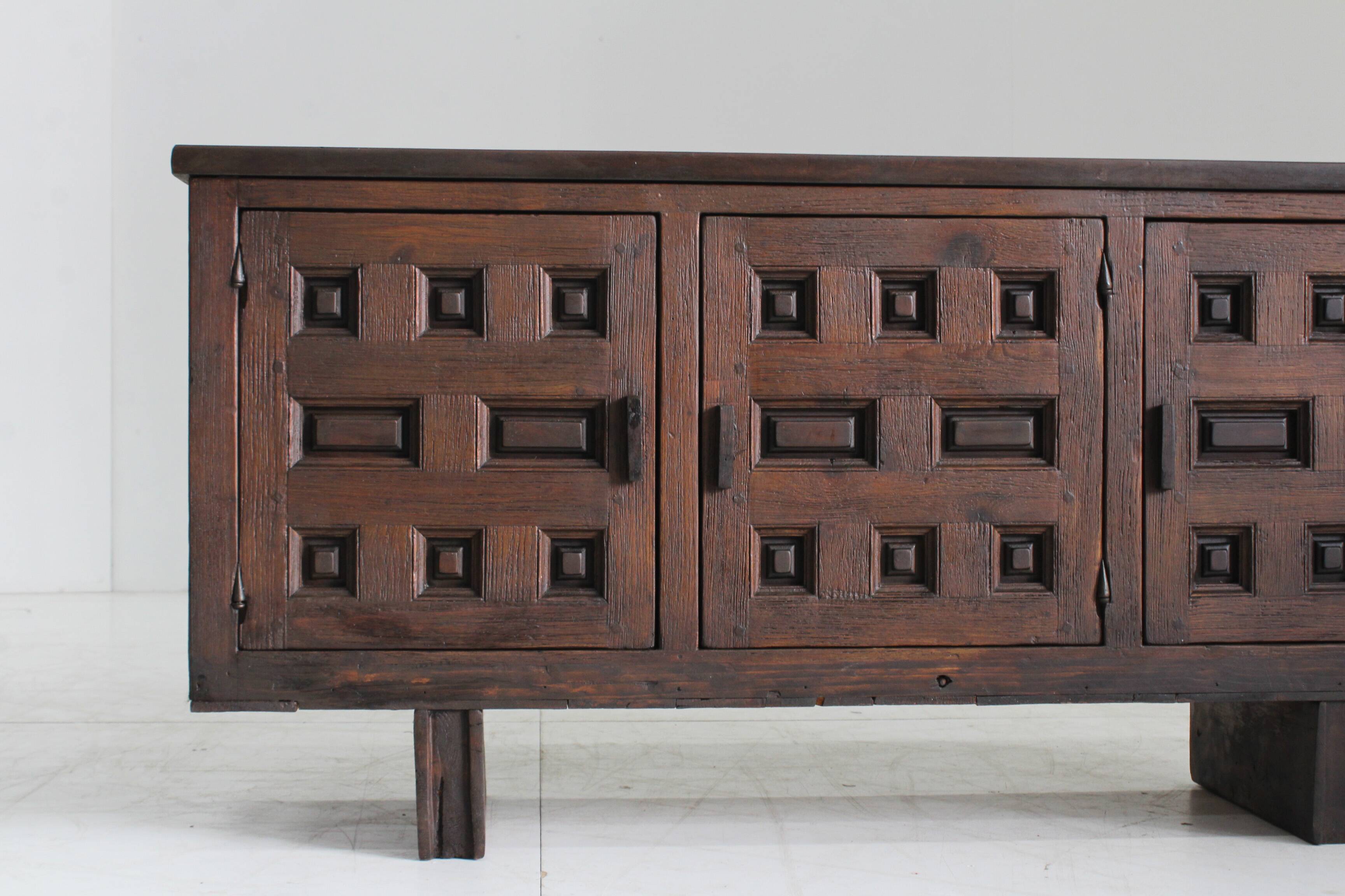 Vintage Brutalist Spanish carved sideboard credenza