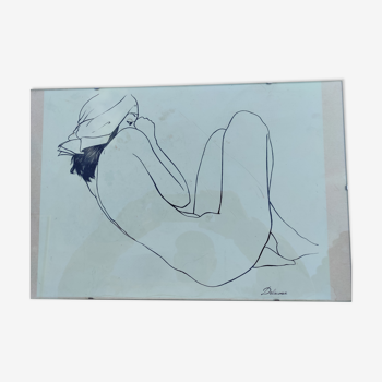 Lithogrpahie de Delacoux, femme allongée nue sous verre