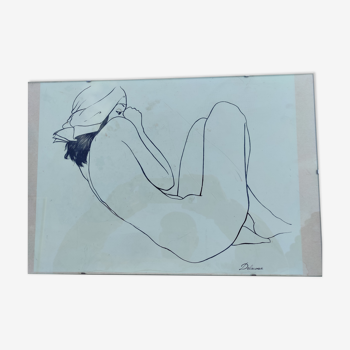 Litho from Delacoux, woman lying naked under glass