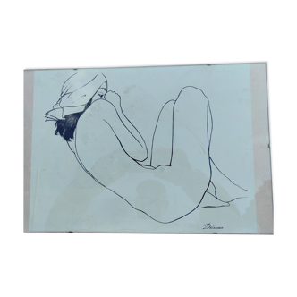 Lithogrpahie de Delacoux, femme allongée nue sous verre