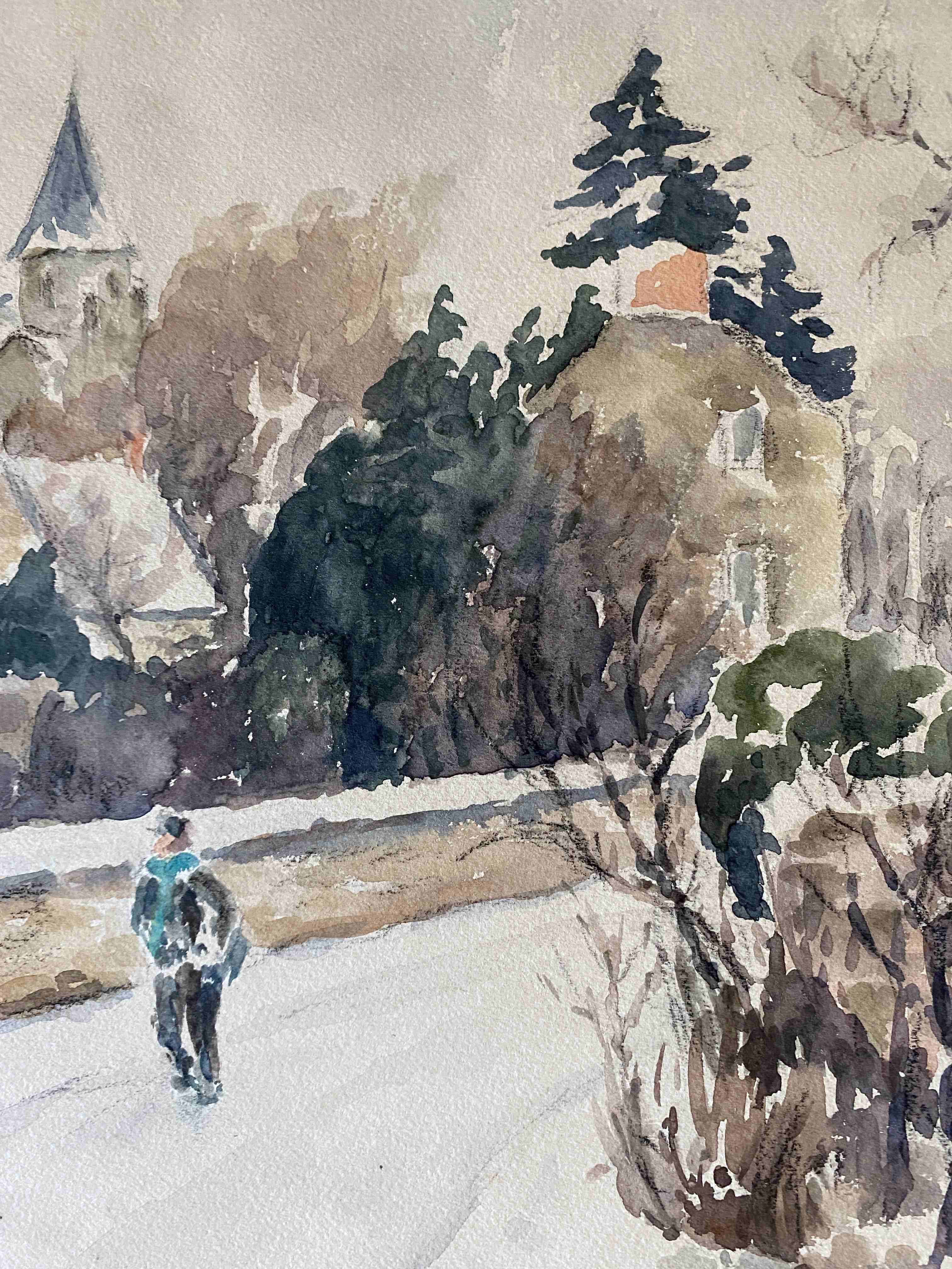Dessin Original Aquarelle - Luxembourg 1954 - Rue De Village - Encadré Et Signé