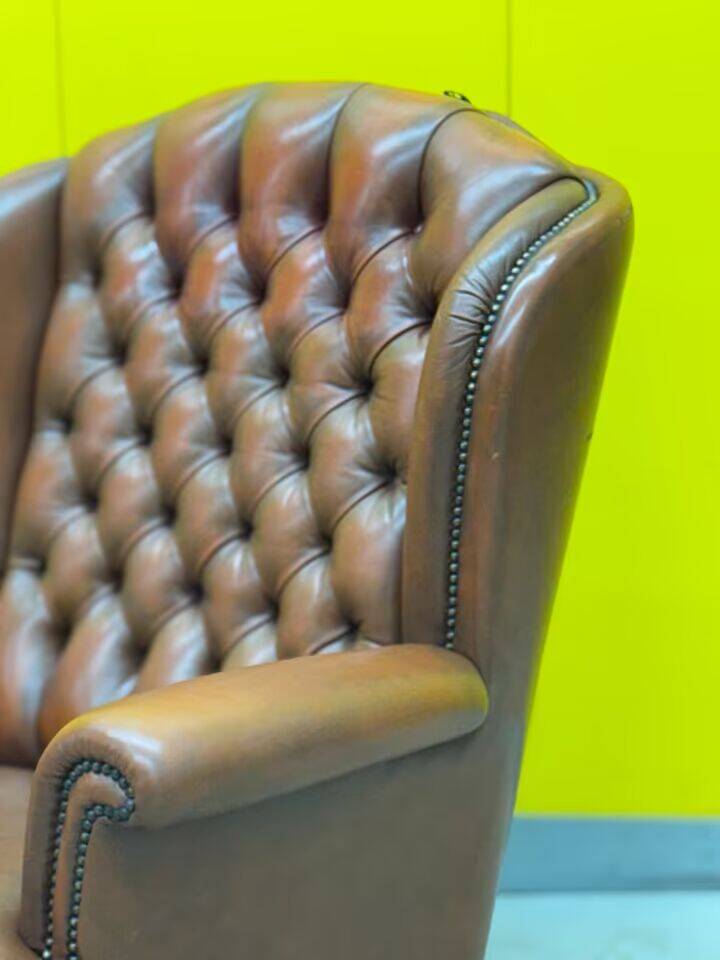 Original English Chesterfield Wingback Chair - Vintage Cognac Leather