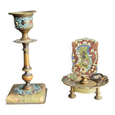 Bougeoir et porte allumettes en bronze et émaux cloisonnés XIXe