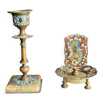 Bronze candlestick and match holder with cloisonné enamels from the 19th century.