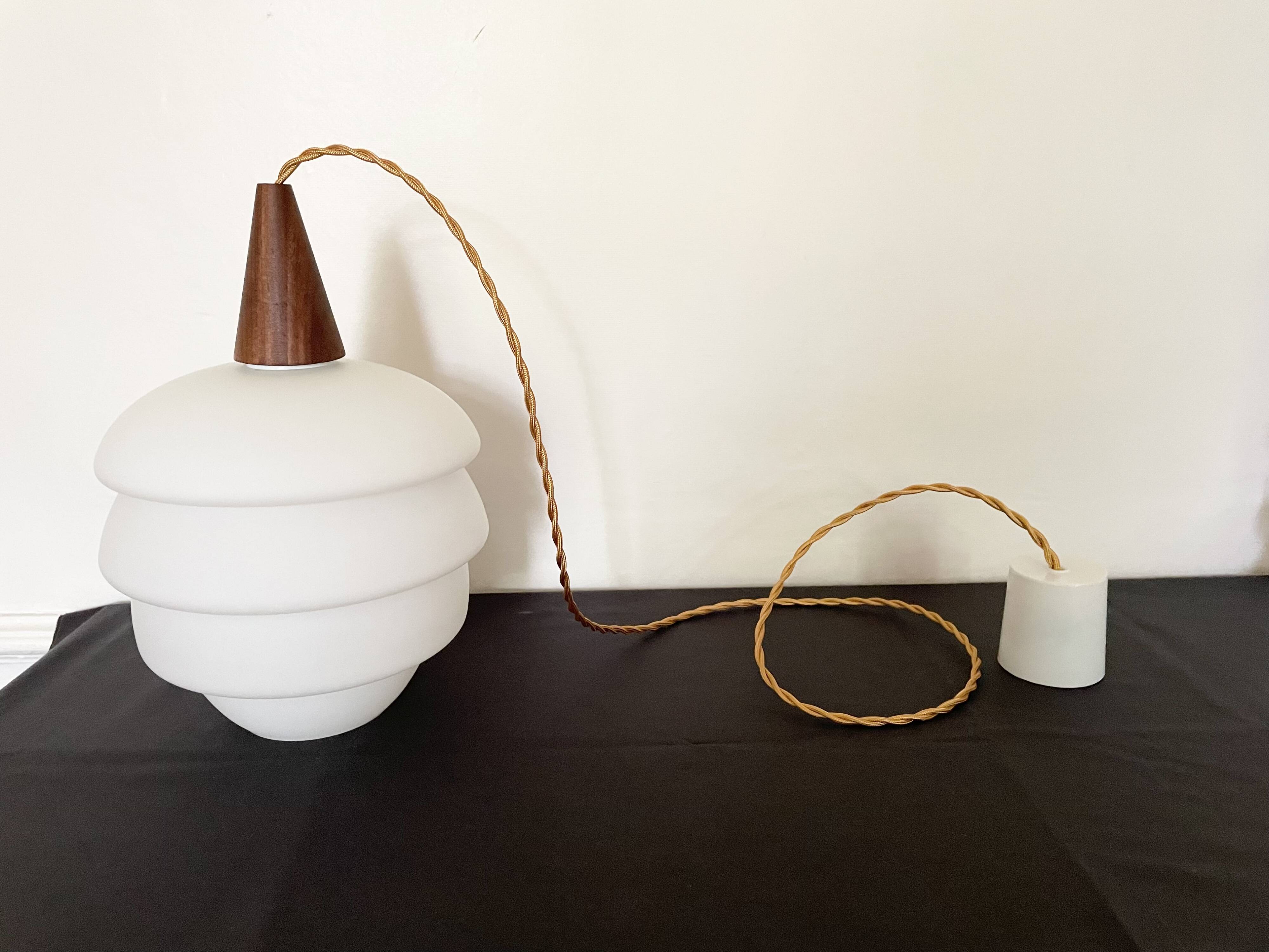 Scandinavian pendant light in opaline and teak