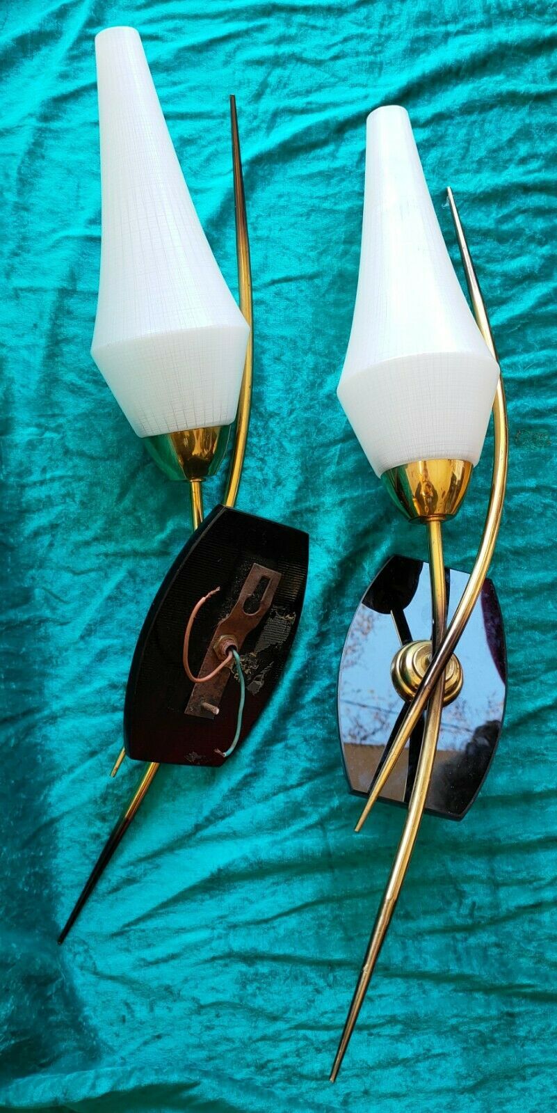 Pair of 1950 brass glass and black opaline