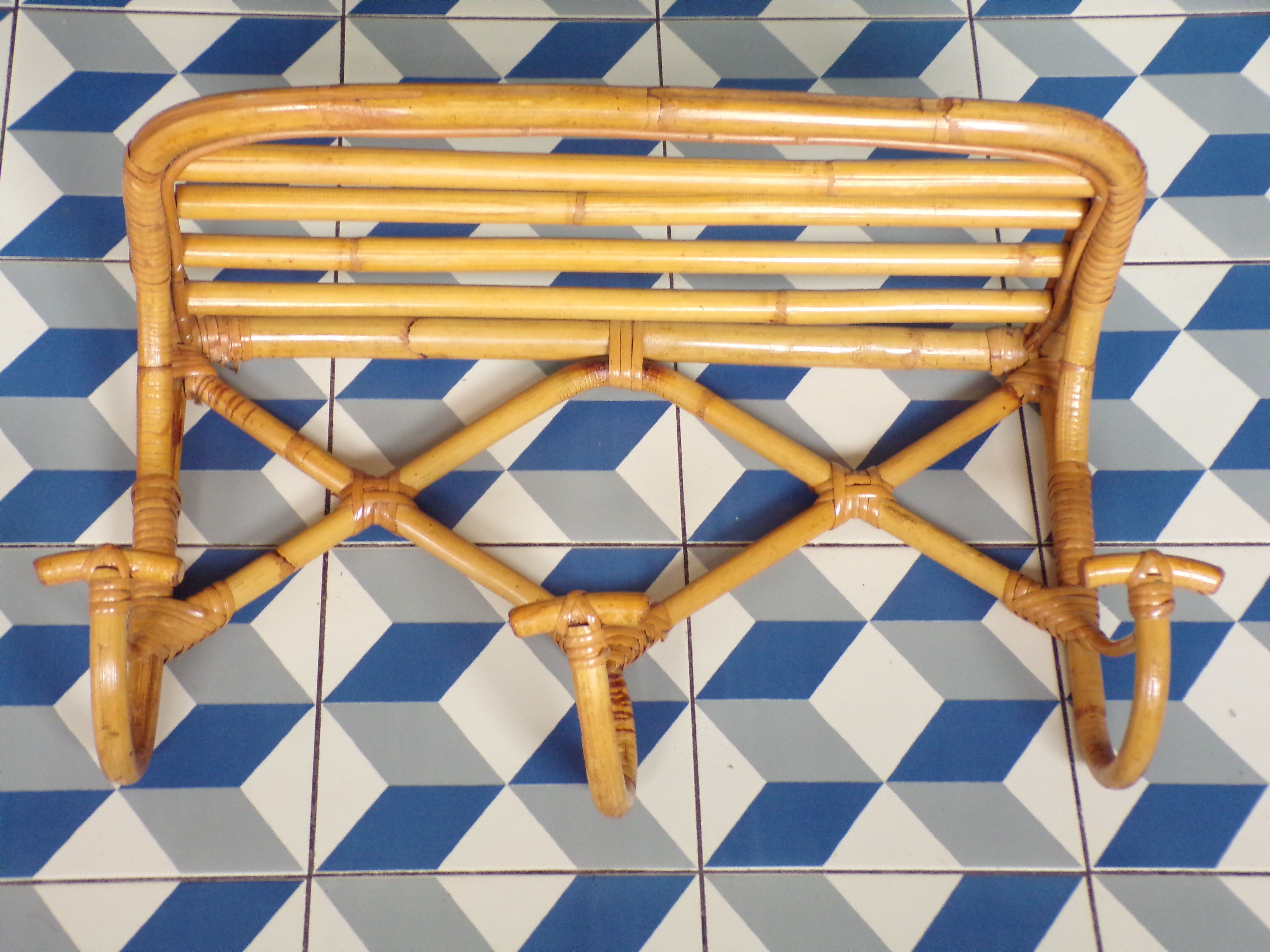Vintage rattan coat rack with shelf