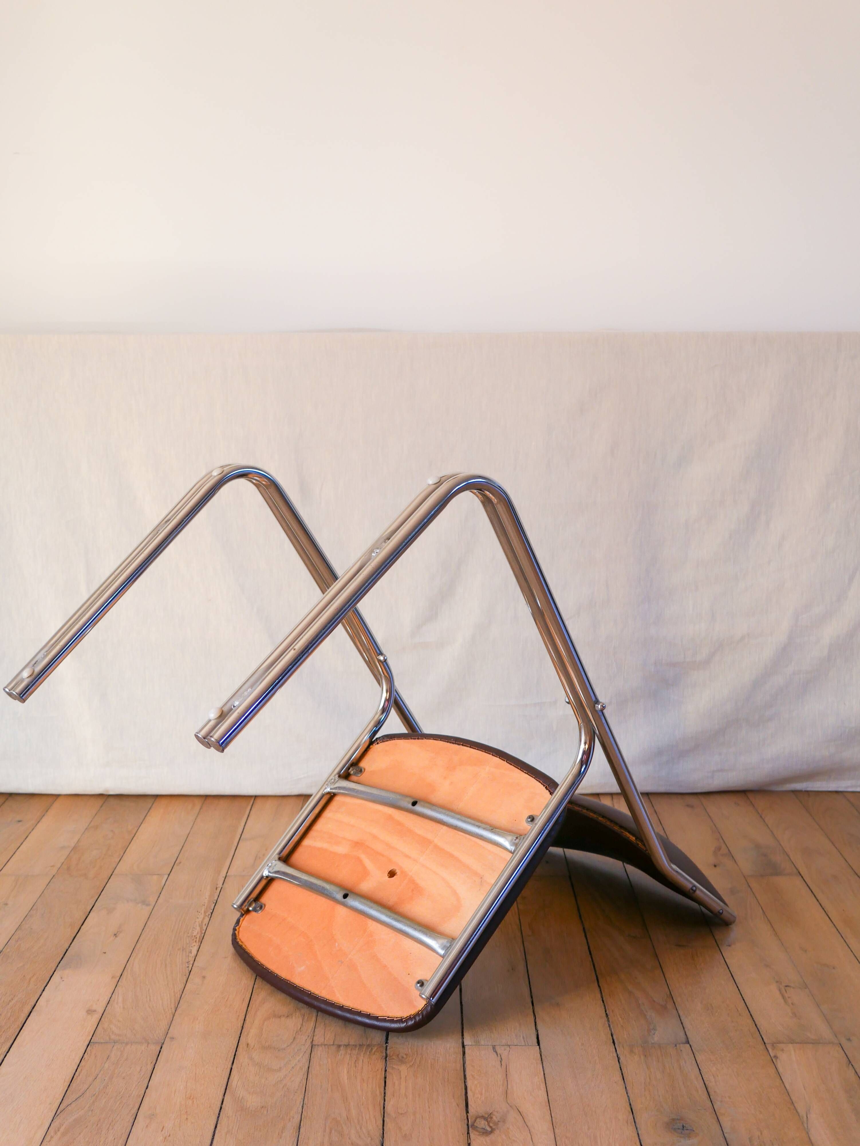 Office chair in brown skai and chrome tubular legs design 1970