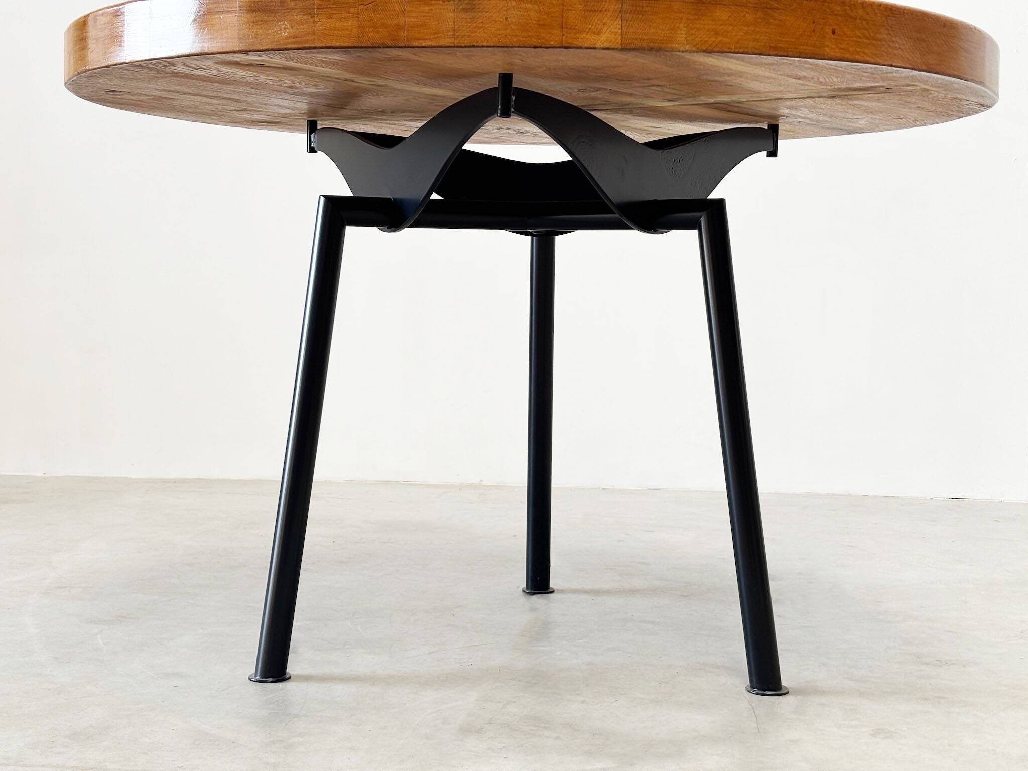 Industrial French round dining table with oak top