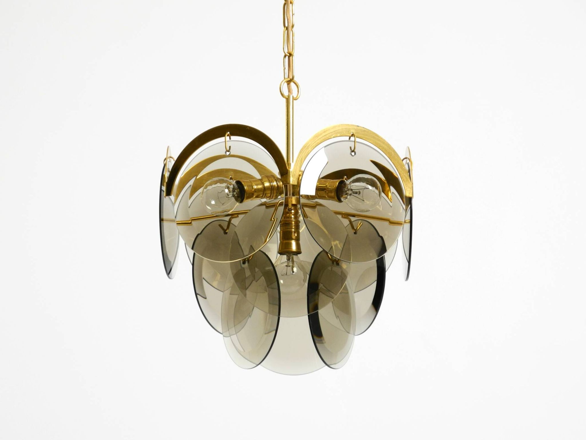 60s large brass ceiling chandelier with large round glass plates