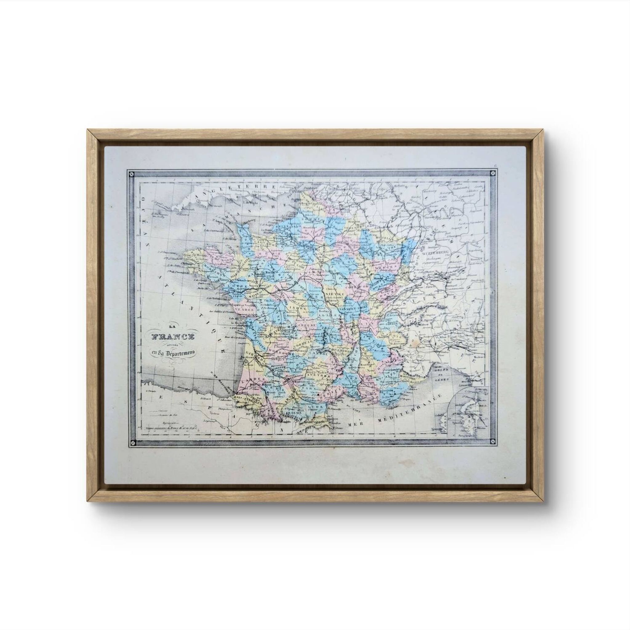 France and departments, old map, printed in 1852. Authentic.