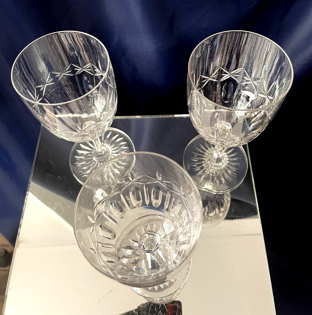 Set of 3 cut crystal water or wine glasses