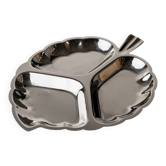 Plateau en métal argenté en forme de feuille avec trois compartiments, style Hollywood Regency italien des années 1970, élégant plat de service.