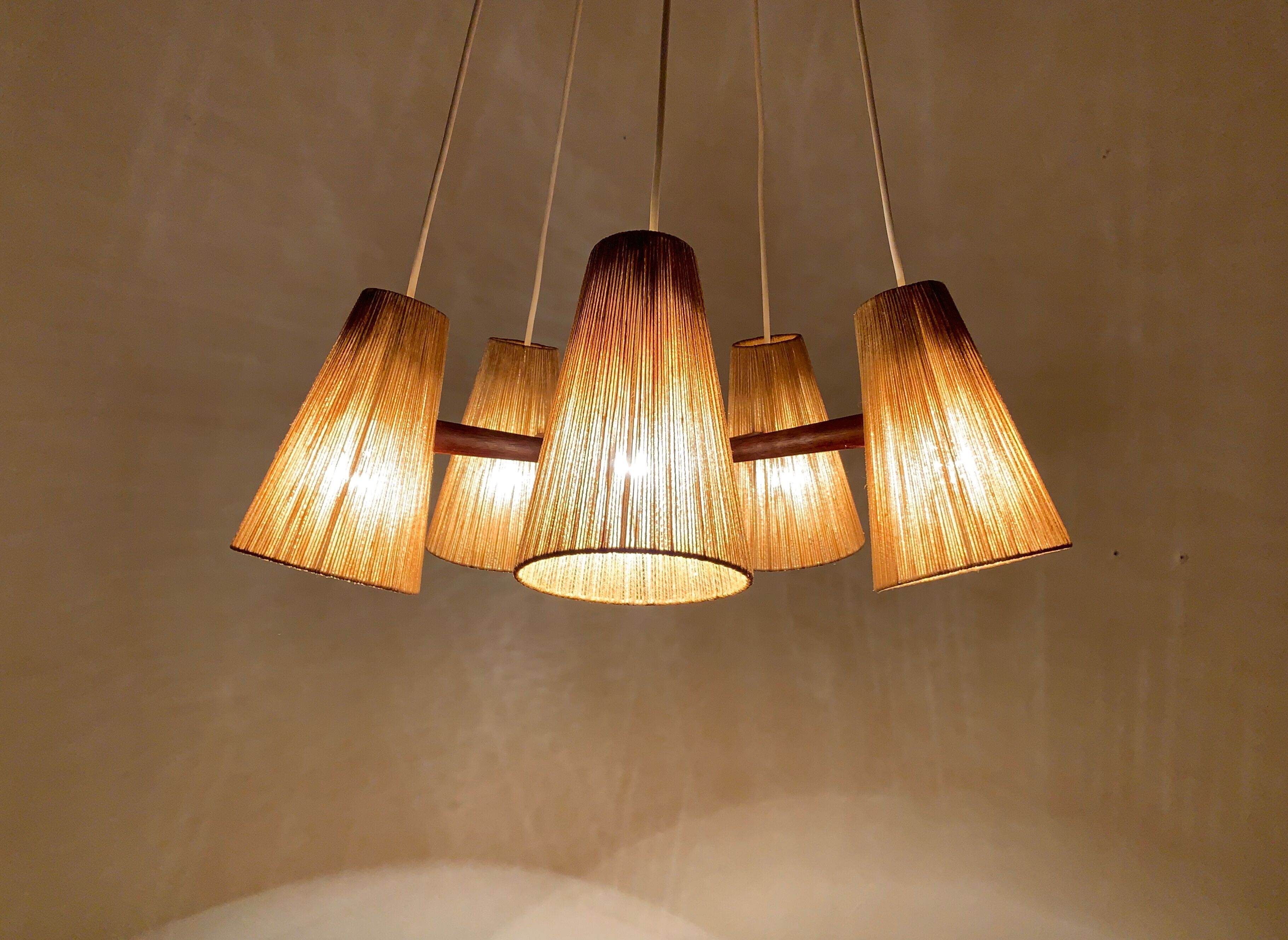 Teakwood and raffia bast chandelier by Temde