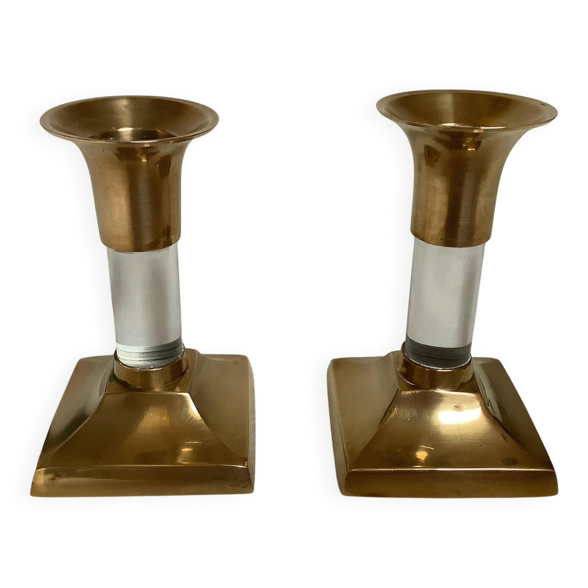 Pair of small brass and glass candlesticks