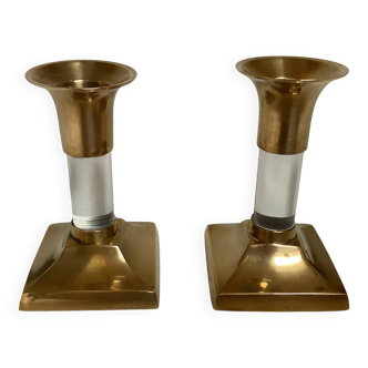 Pair of small brass and glass candlesticks