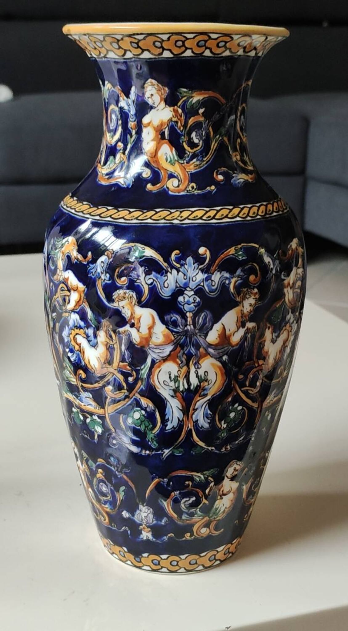 Twisted design vase. Signed Gien France/Renaissance blue background 26 x 13cm