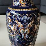 Twisted design vase. Signed Gien France/Renaissance blue background 26 x 13cm