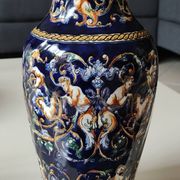 Twisted design vase. Signed Gien France/Renaissance blue background 26 x 13cm