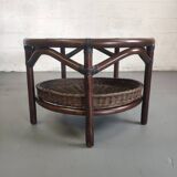 Vintage rattan coffee table with smoked glass top and rattan basket shelf