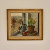 Huile sur toile suédoise originale « Nature morte à la plante en pot »