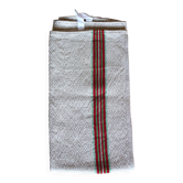 Old chevron tea towel with red and green stripes.