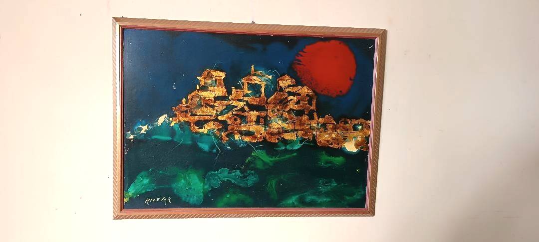 Abstract painting - gold leaf and enamel - Enzo Kocevar 1970s