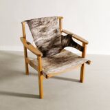 Vintage Swedish Carl-Axel Acking Wooden "Trienna" Armchair Cowhide, 1950s
