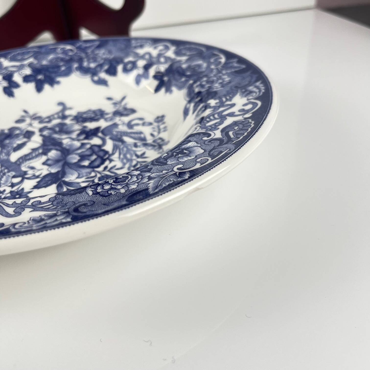 Set of 6 blue earthenware soup plates, floral and bird decoration, early