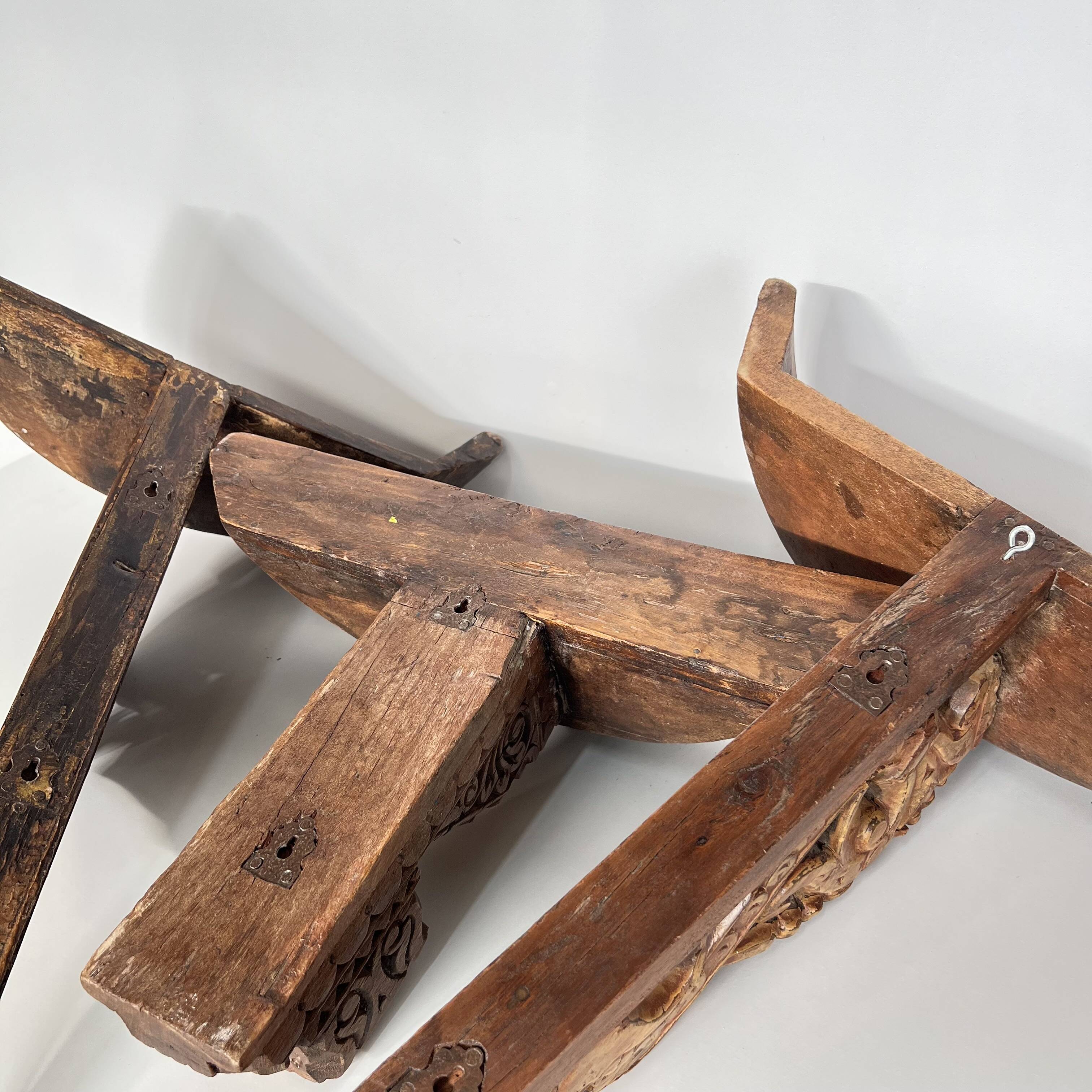 Set of 3 antique wall console lights, carved wooden shelves