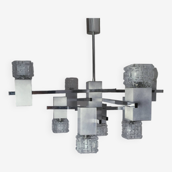 Gaetano Sciolari. Chrome, stainless steel and structured glass chandelier.