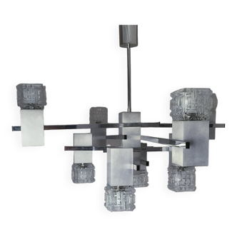 Gaetano Sciolari. Chrome, stainless steel and structured glass chandelier.