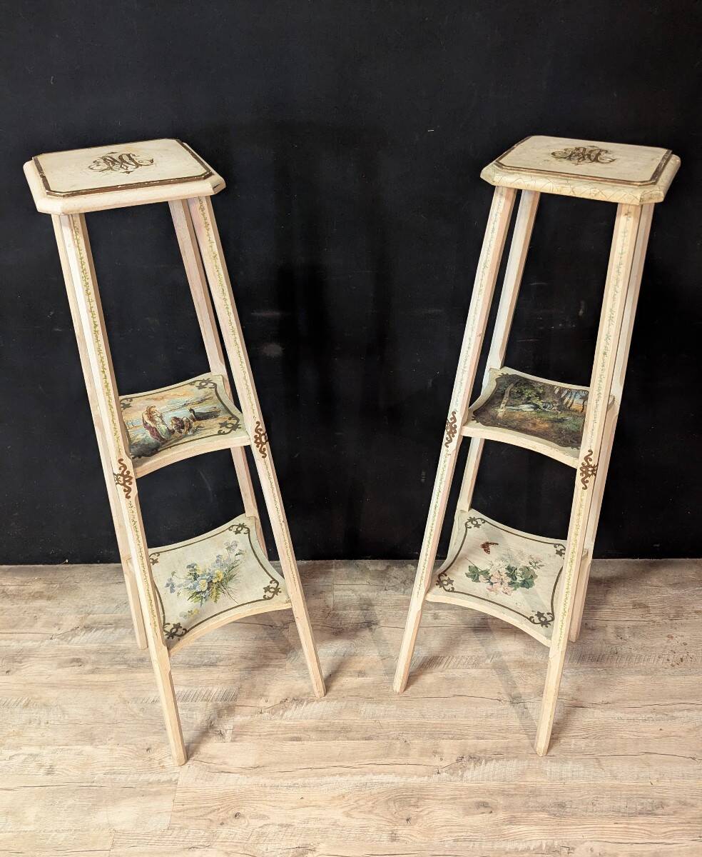 Pair of large painted wooden pedestals with three tiers.