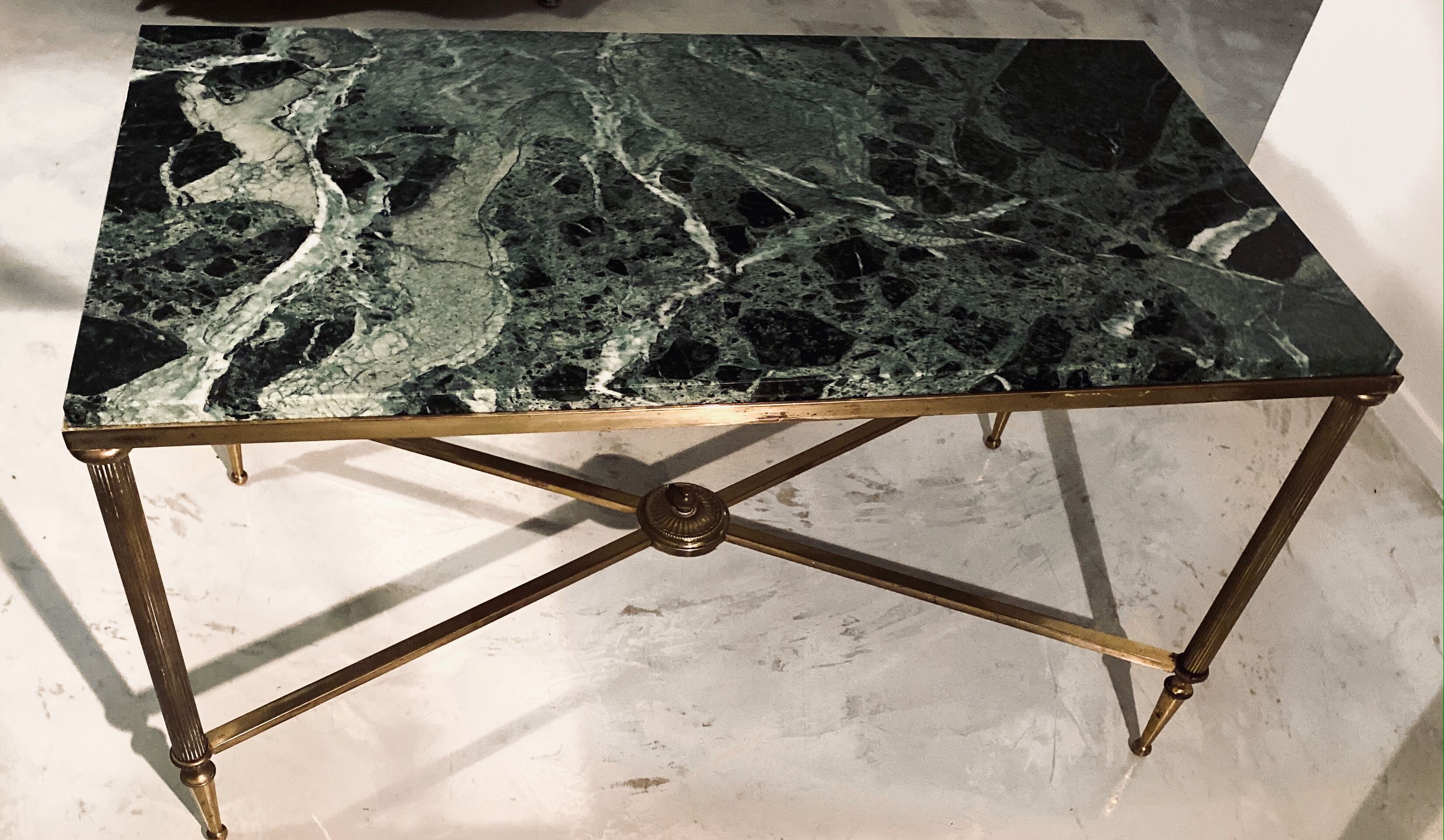 Brass coffee table and green marble 70 years