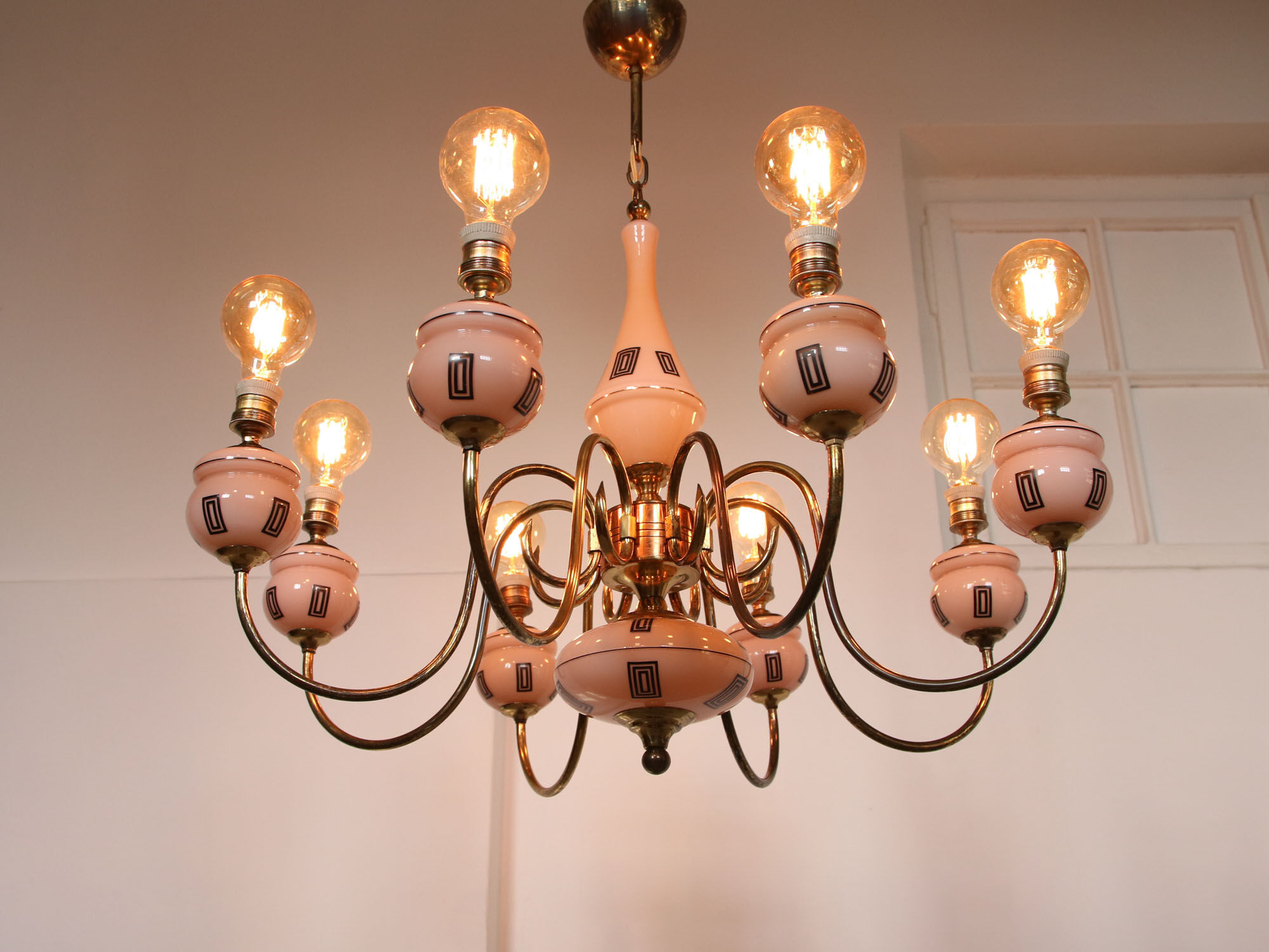 Mid-century brass and glass chandelier