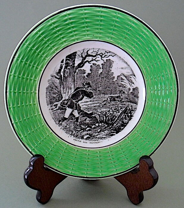 Old plate captioned "Battered with deer", Digoin-&-Sarreguemines