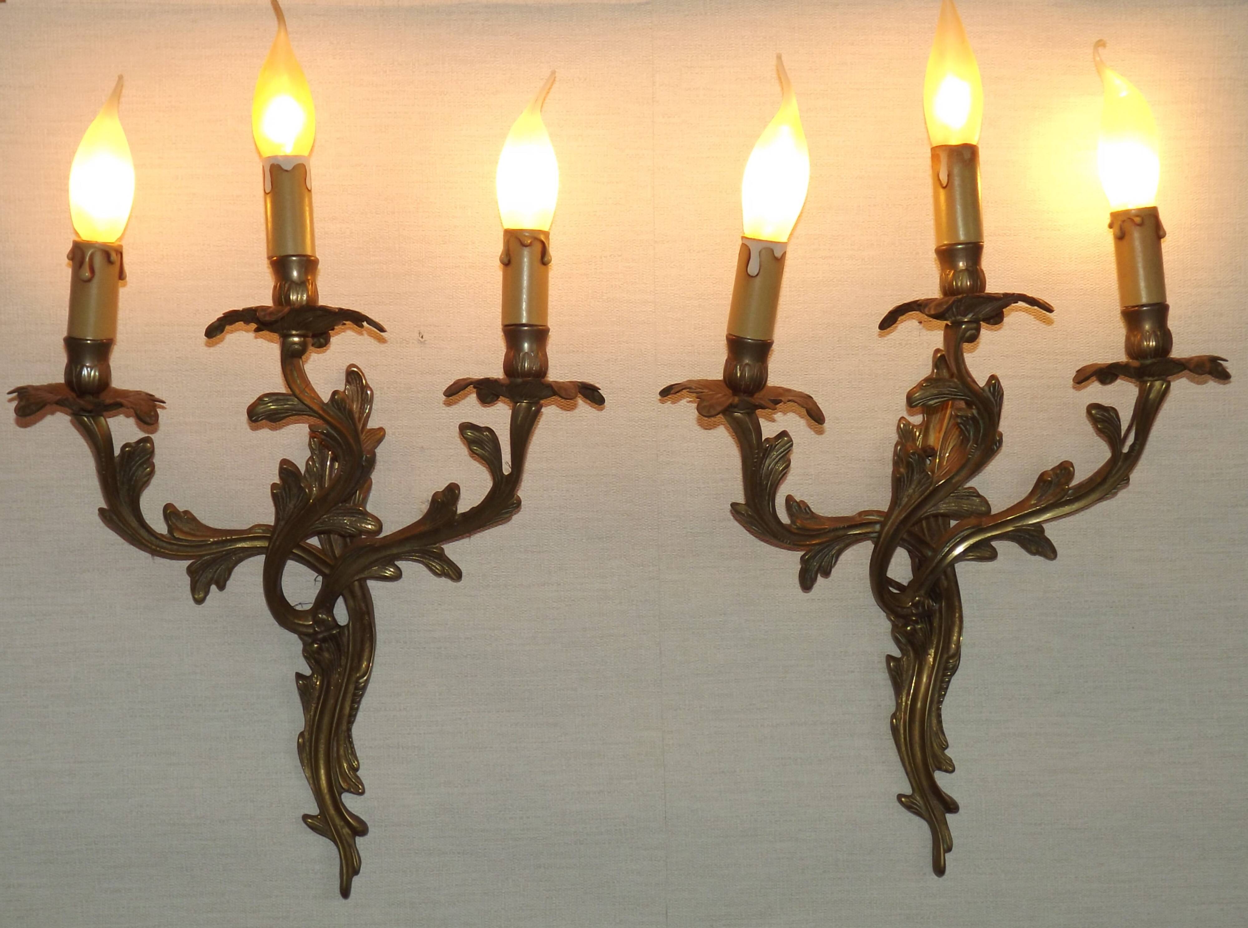 Magnificent Pair of French Antique Bronze Three-Light Acanthus Wall Sconces