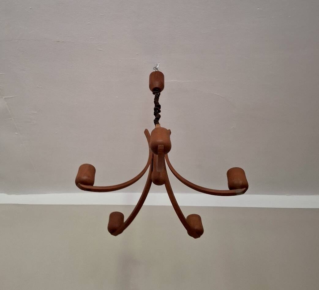 Teak variable height chandelier with 5 arms  by Domus, Denmark 1970s